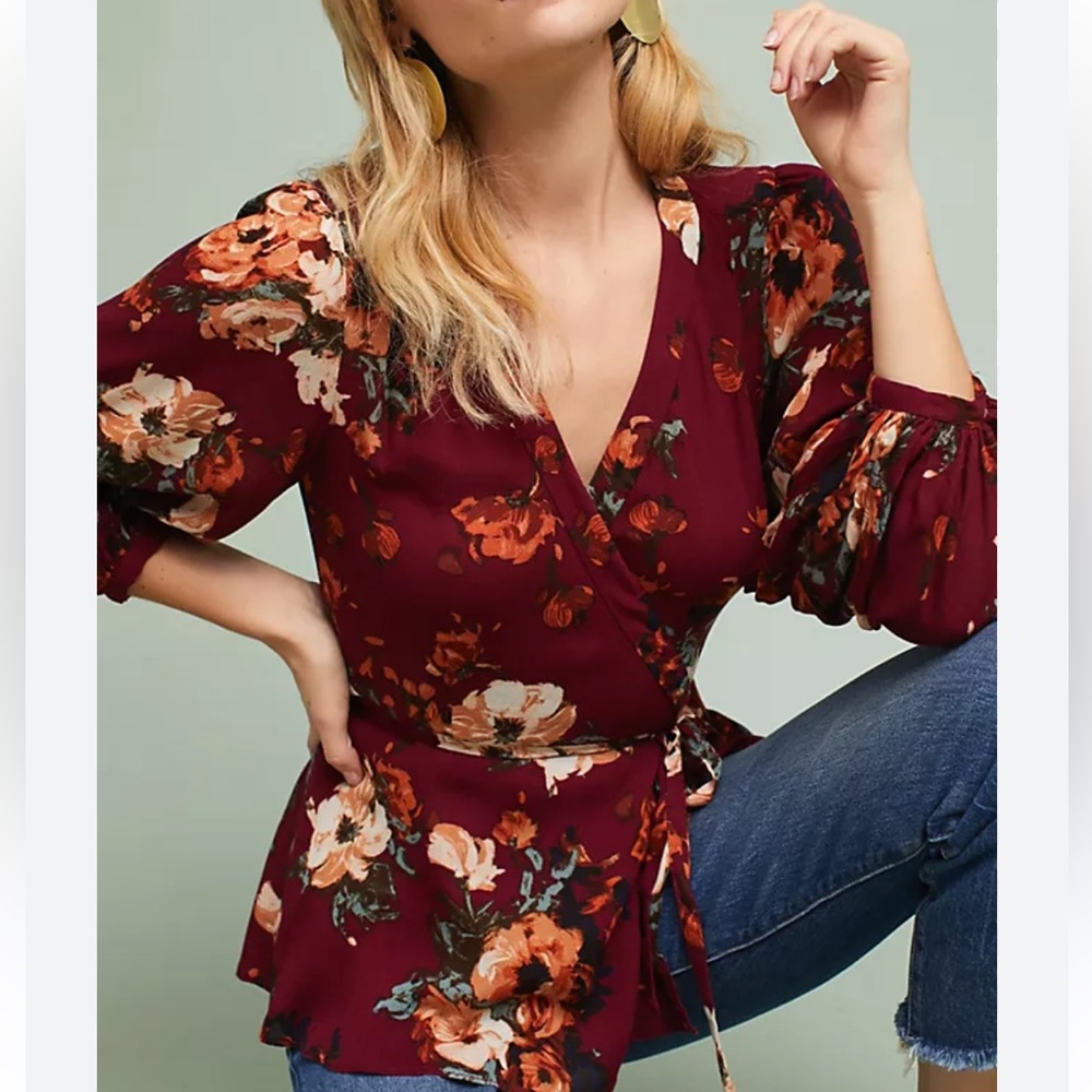 Anthropologie HD IN PARIS Gail Wrap Top Burgundy
Floral Blouse Size 4